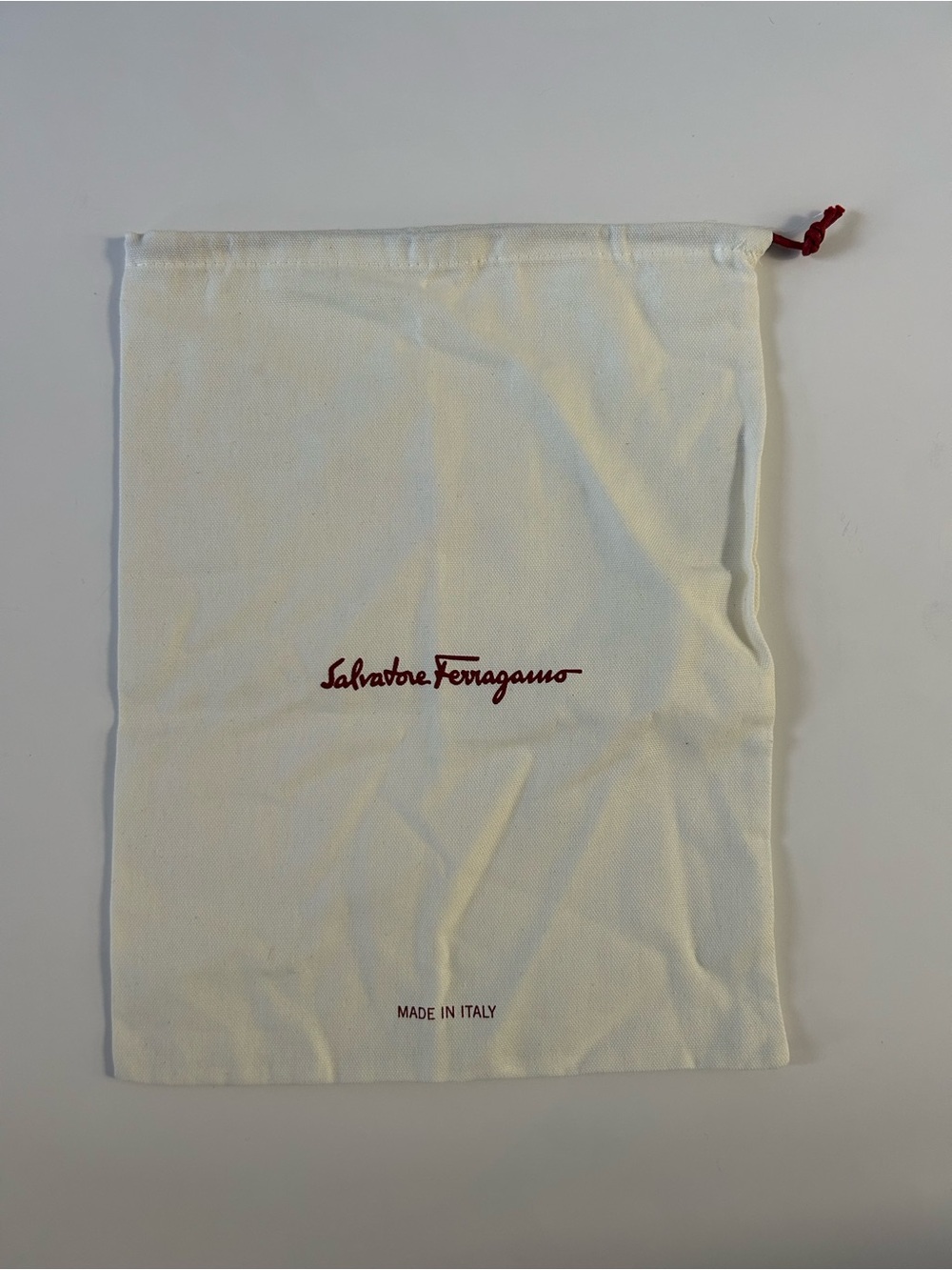Salvatore Ferragamo Cream Cotton Logo Drawstring Dust Bag with Red Accents